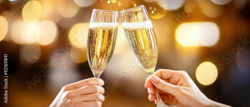 Two glasses of sparkling champagne clink together in celebration, creating a festive atmosphere with blurred lights in the background. photo