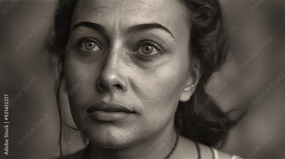 Fototapeta premium Generative AI, Reflective serenity and the timeless beauty captured in the deep gaze of a young woman