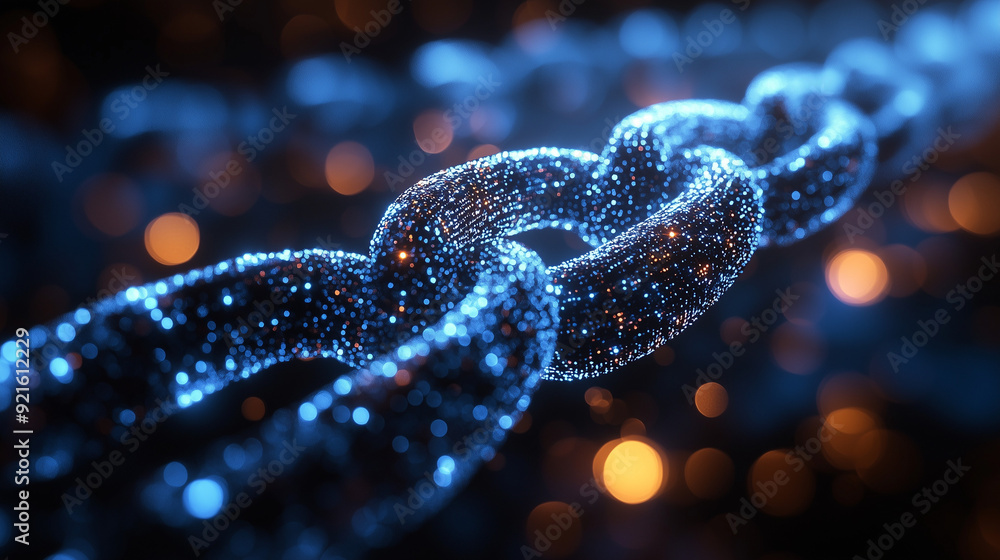 Digital Chain: A stylized abstract 3D rendering of a chain, composed of shimmering blue particles, against a backdrop of warm, glowing bokeh lights. The image evokes themes of connectivity, strength, Digital Chain: A stylized abstract 3D rendering of a chain, composed of shimmering blue particles, against a backdrop of warm, glowing bokeh lights. The image evokes themes of connectivity, strength,