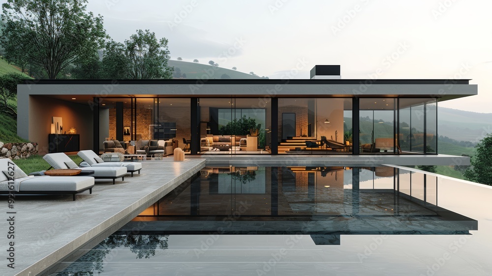 Fototapeta premium Modern villa with expansive glass walls overlooking tranquil hills at dusk
