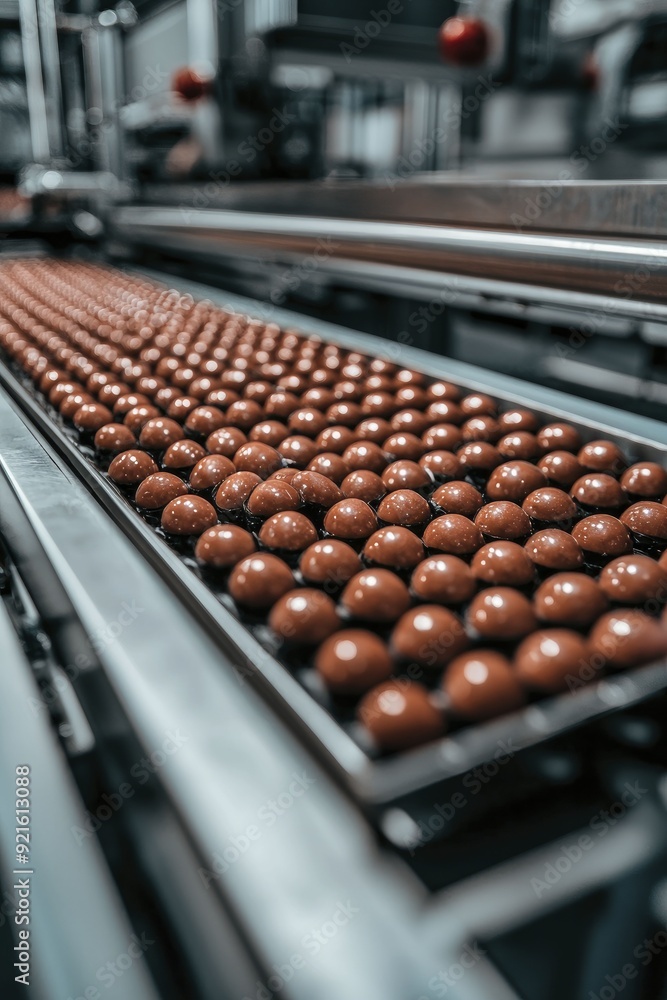 Fototapeta premium Efficient workflow in a candy factory highlighting the filling and sealing processes for various sweets and chocolates