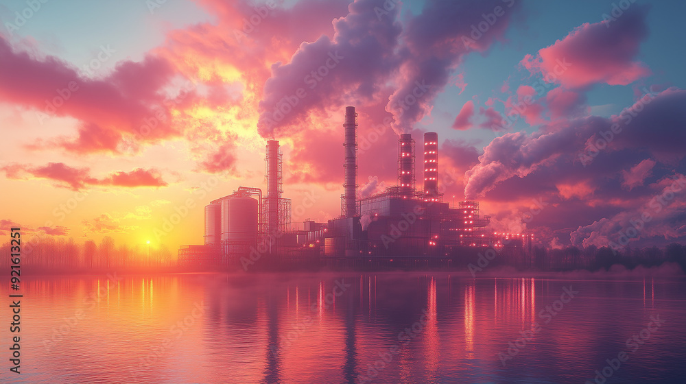 Industrial Sunset: A stark silhouette of a power plant against a vibrant, polluted sunset, reflecting the environmental impact of industry. Industrial Sunset: A stark silhouette of a power plant against a vibrant, polluted sunset, reflecting the environmental impact of industry.