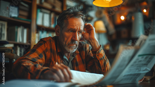 Lost in Thought: A contemplative senior citizen ponders over paperwork and newspapers in his dimly lit, book-filled study. 