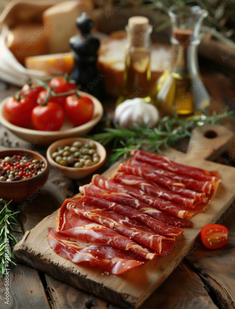 Gourmet Jamon Iberico with bread and tomatoes on rustic wooden table Gourmet Jamon Iberico with bread and tomatoes on rustic wooden table