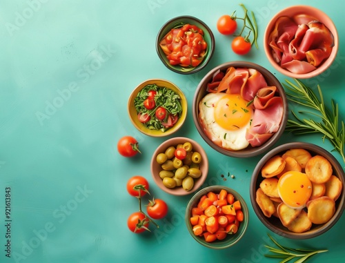 Flatlay of Vibrant Tapas Selection on Bold Solid Surface photo