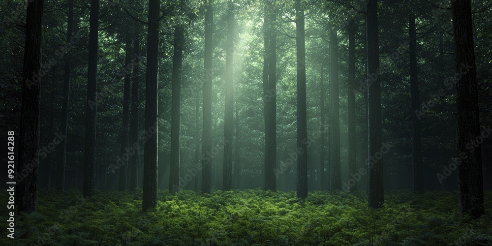 Fototapeta premium Breathtaking view of a magical glade where soaring trees form a serene refuge, beckoning adventurers to discover the secrets of nature's beauty.