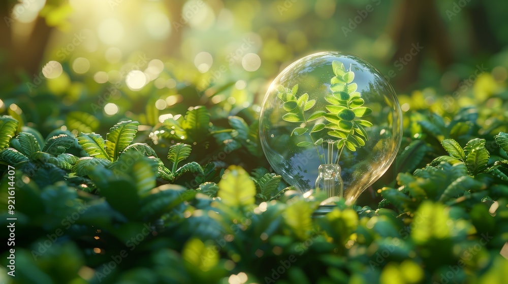 A light bulb with green leaves inside rests on lush foliage in a sunlit forest on a peaceful morning