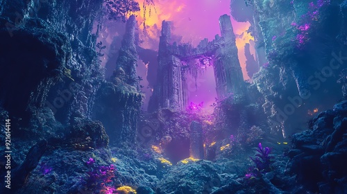 Magical and mysterious fantasy landscape filled with vibrant colors, unique formations, and enchanting light, creating an ethereal atmosphere.