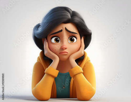 Thinking upset sad bored Indian cartoon character young adult woman girl person portrait in 3d style