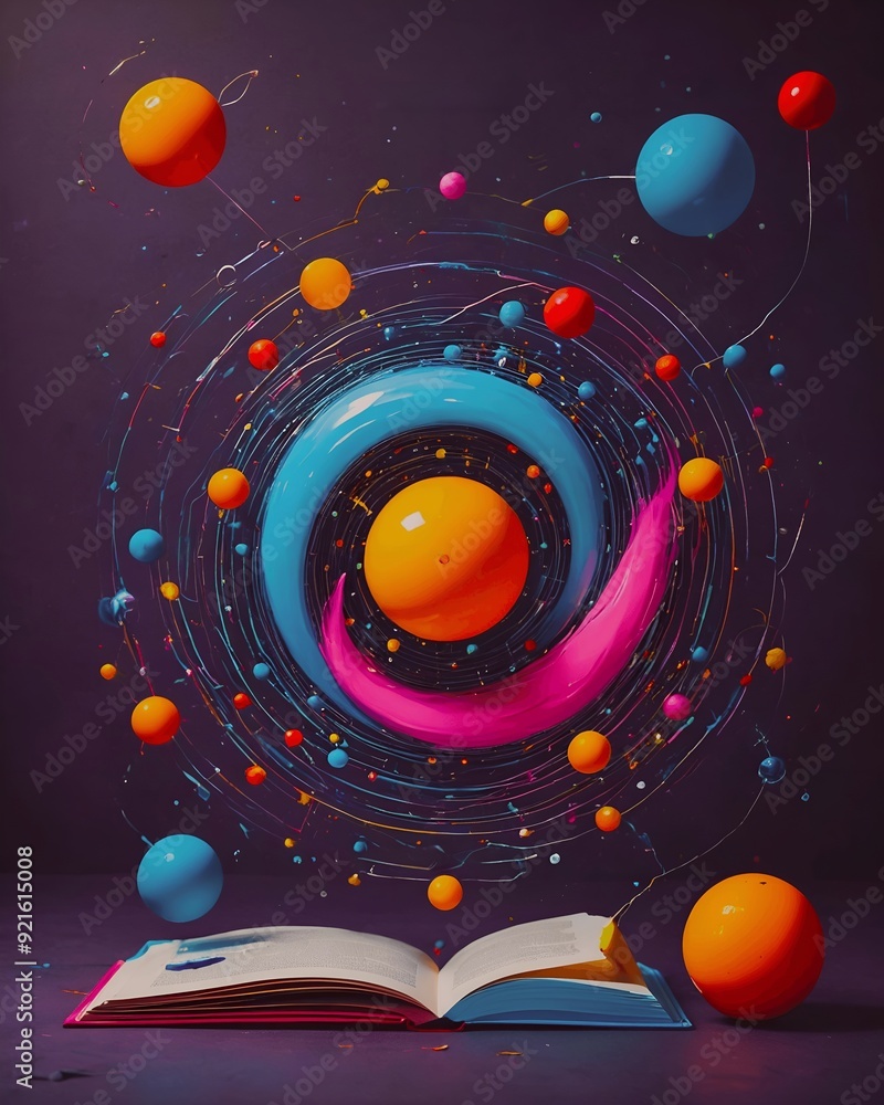Opened book with abstract colorful flying spheres and lines on dark background Opened book with abstract colorful flying spheres and lines on dark background