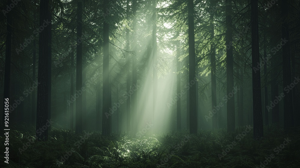 Fototapeta premium A serene morning landscape where the gentle rustle of leaves beckons wanderers to discover the enchanting secrets of nature and embark on new journeys.
