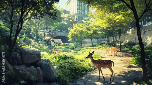 Tranquil urban park scene with a deer in the foreground and lush greenery. Buildings visible in the background, merging nature and city. photo