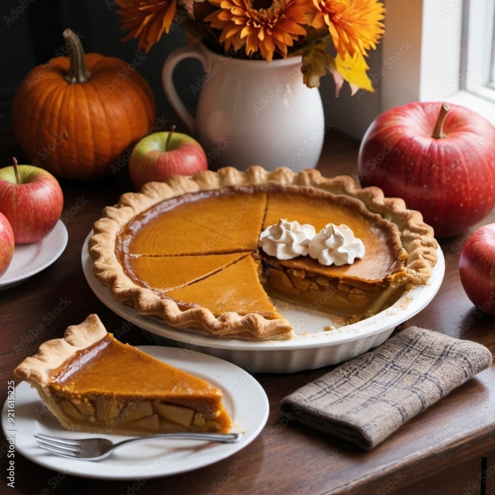 Pumpkin pies and apple pies on a table during autumn Pumpkin pies and apple pies on a table during autumn