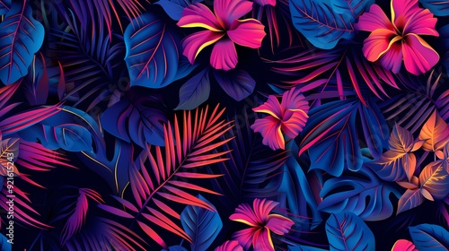 A vibrant tropical floral pattern with blue and pink leaves and flowers in a neon glow effect.