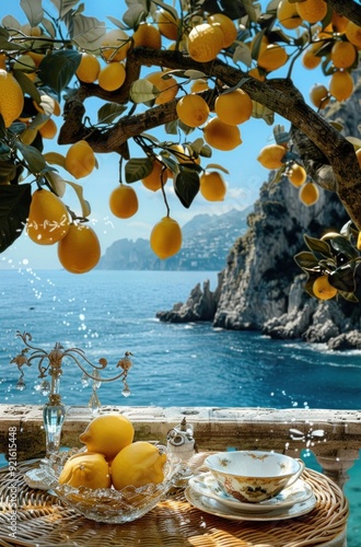 Charming tea setting with a teapot, cups, and fresh lemons on a rattan table, overlooking a breathtaking sea view from a sunny terrace, evoking a serene Mediterranean vibe. photo