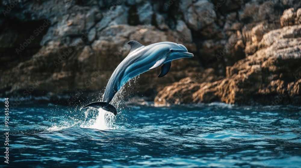 Fototapeta premium Dolphin Leaping Out of the Water Near a Rocky Coastline