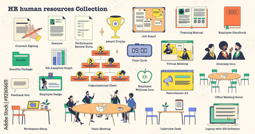 HR or human resources management in tiny person neubrutalism collection set. Labeled elements with employee leadership, resume reviewing and professional candidate searching vector illustration.
