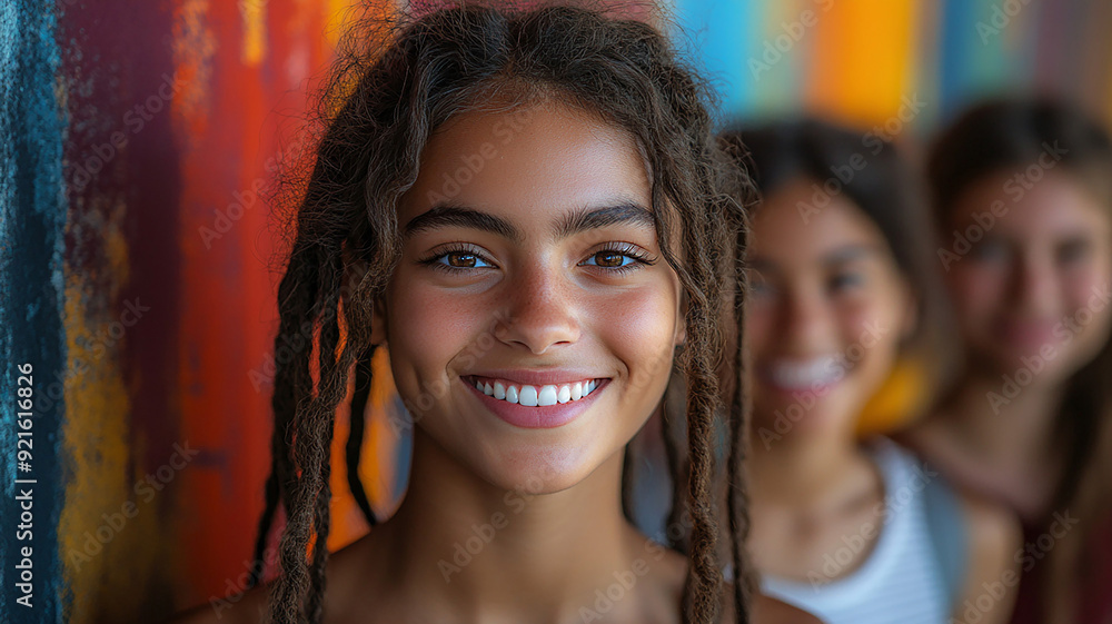 Fototapeta premium Collage of diverse students smiling on a vibrant color background, symbolizing back to school excitement, high resolution.