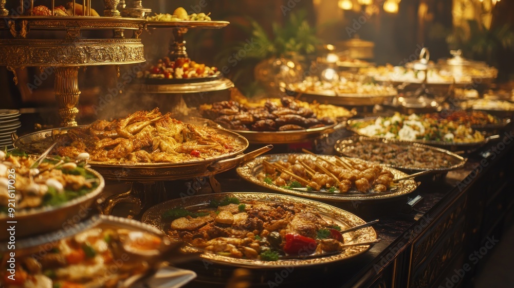 A Buffet Table Filled with Gourmet Dishes in Golden Serving Platters A Buffet Table Filled with Gourmet Dishes in Golden Serving Platters