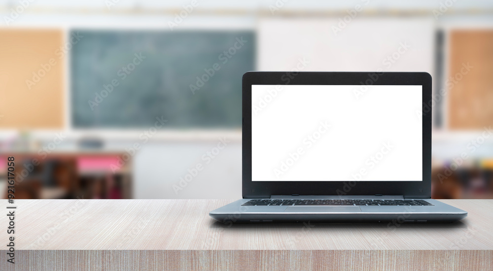 Fototapeta premium Laptop on table in modern office with school background. Cropped shot of wooden table and copy space in blurred study room.