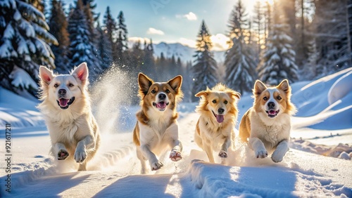 Adorable dogs joyfully frolic and tumble in the winter wonderland, their tiny paws leaving tiny tracks in the pristine snow-covered landscape. photo