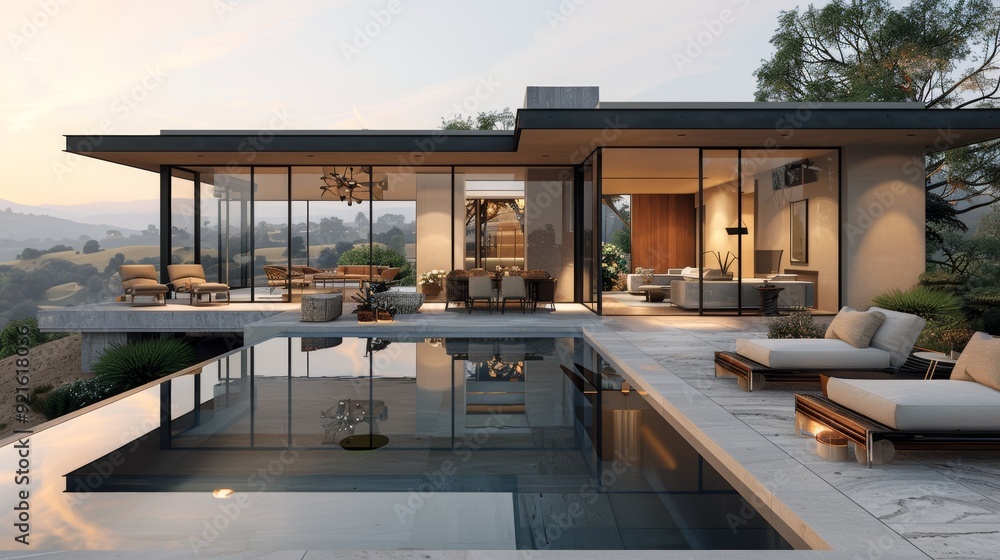 Fototapeta premium Modern hillside home with glass walls and a pool at sunset