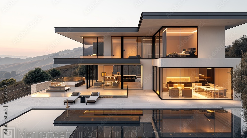 Modern hillside villa with expansive glass walls and outdoor pool at sunset Modern hillside villa with expansive glass walls and outdoor pool at sunset