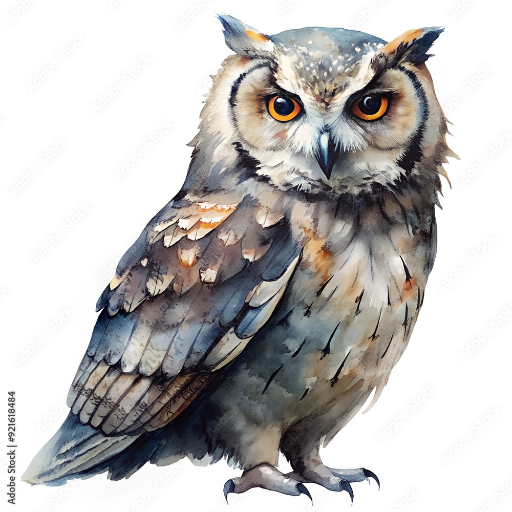 Obraz premium Detailed Watercolor Illustration of a Majestic Owl with Intense Yellow Eyes