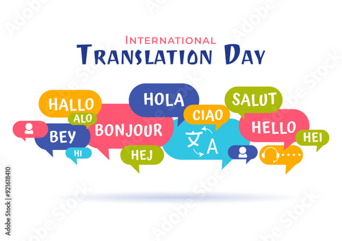 World Translator or Translation Language Day Illustration with Hello Greetings in Different Countries and Multilingual International Communication