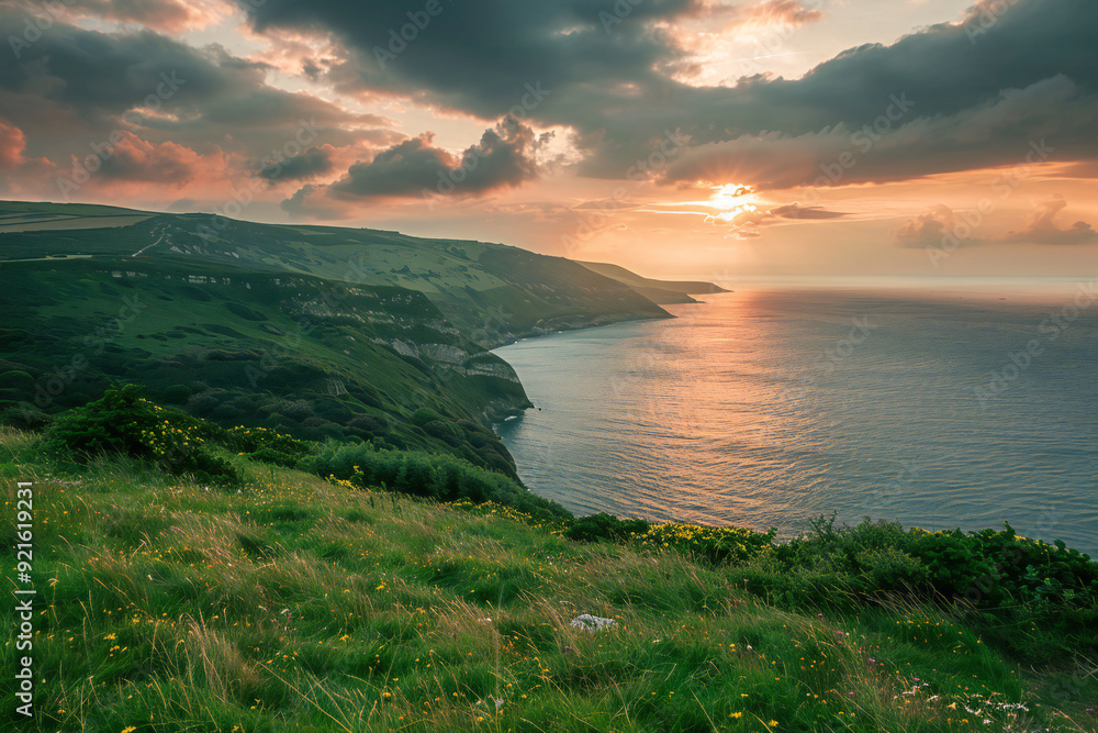 Sunset Over Green Mountains and Ocean – A Stunning Coastal Landscape Capturing Nature's Dramatic Beauty Sunset Over Green Mountains and Ocean – A Stunning Coastal Landscape Capturing Nature's Dramatic Beauty
