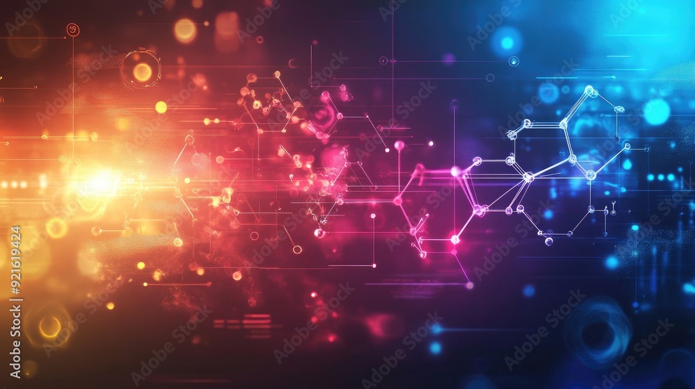 Illuminated scientific diagrams with colorful light effects, with room for text Illuminated scientific diagrams with colorful light effects, with room for text