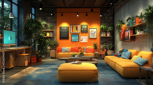 **Image Name:** Vibrant Orange Oasis: Modern Industrial Living Room 

**Tags:**  orange, living room, modern, industrial, interior design, cozy, vibrant, colorful, sofa, furniture, home decor, housepl photo