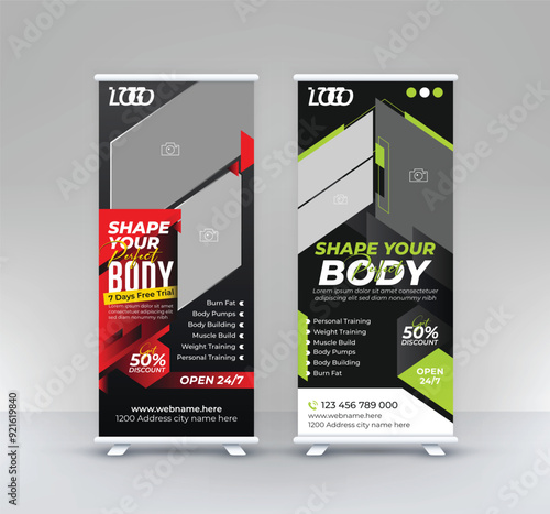 Fitness gym business standee rollup two design modern exercise signage pullup training center retractable x banner set