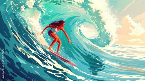 A girl having fun playing surfboard. Vector cartoon style.