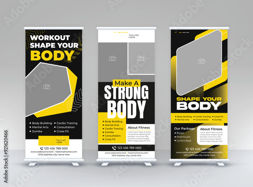 Fitness gym business standee rollup two design modern exercise signage pullup training center retractable x banner set