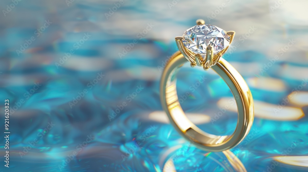 Gold diamond ring soft focus with blue background, 3d rendering. Gold diamond ring soft focus with blue background, 3d rendering.