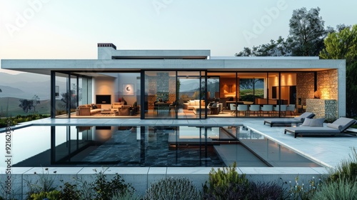 Modern villa with large glass windows and a pool overlooking hills at sunset