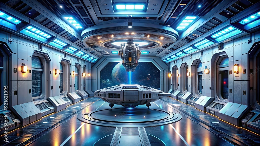 Fototapeta premium Docked spaceship in a futuristic space station, spacecraft, spaceship, docked, science fiction, space station