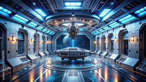 Fototapeta Naklejka Na Ścianę i Meble -  Docked spaceship in a futuristic space station, spacecraft, spaceship, docked, science fiction, space station