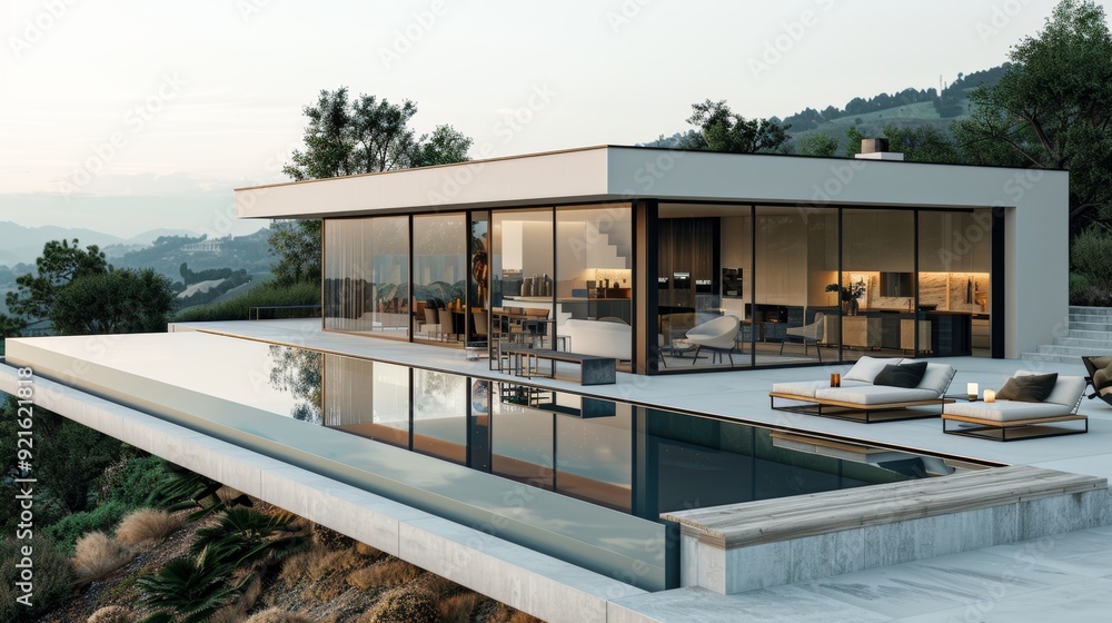 Fototapeta premium Modern architectural house with infinity pool overlooking hills at sunset