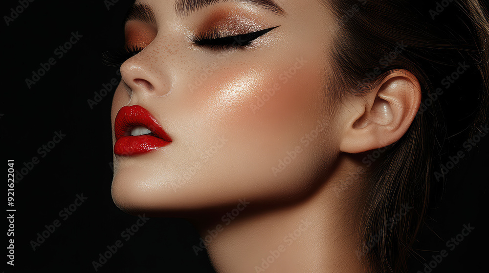 A stunning portrait of a woman with striking winged eyeliner, bold red lips, and luminous skin, set against a dark, dramatic background. A stunning portrait of a woman with striking winged eyeliner, bold red lips, and luminous skin, set against a dark, dramatic background.