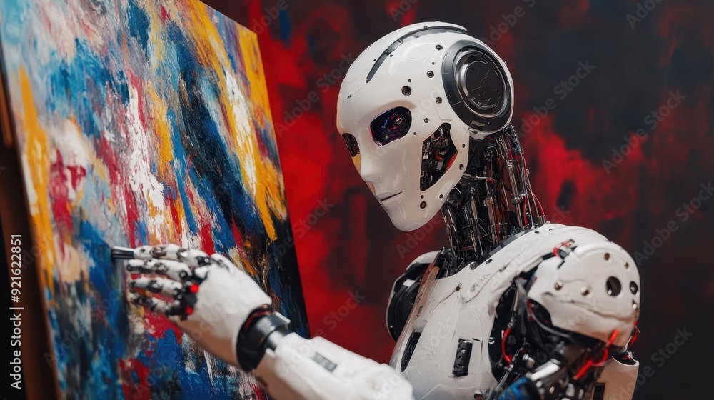 Fototapeta premium Robot artist painting a masterpiece, symbolizing creativity enhanced by artificial intelligence, with copy space for text