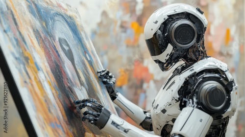 Robot artist painting a masterpiece, symbolizing creativity enhanced by artificial intelligence, with copy space for text 