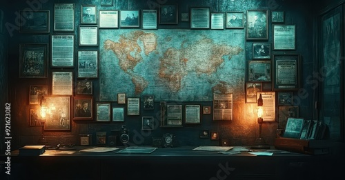 Detective’s World Map with Clues – Vintage Investigation Board Illuminated by Warm Light, Concept of Global Mystery Solving
