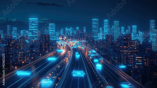 Smart city with autonomous vehicles, digital infrastructure, and glowing pathways, symbolizing the future of urban living, with copy space for text 