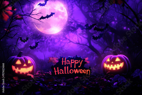 halloween scene horror background with pumpkin and happy halloween text .