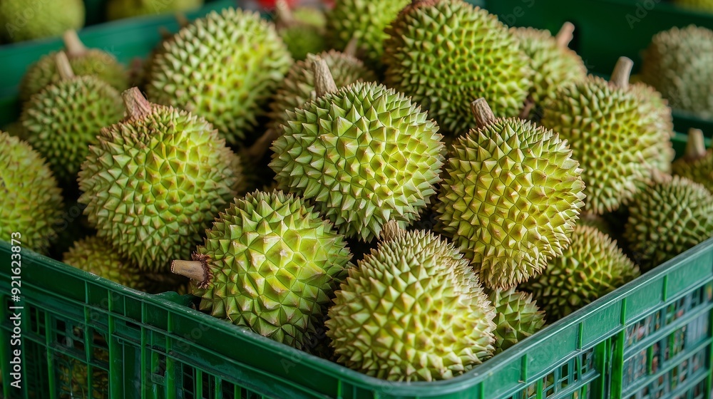 A vibrant display of fresh durians in a green basket, showcasing their unique spiky texture and exotic appeal. A vibrant display of fresh durians in a green basket, showcasing their unique spiky texture and exotic appeal.
