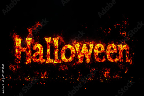 halloween scene fire background with pumpkin and happy halloween text .