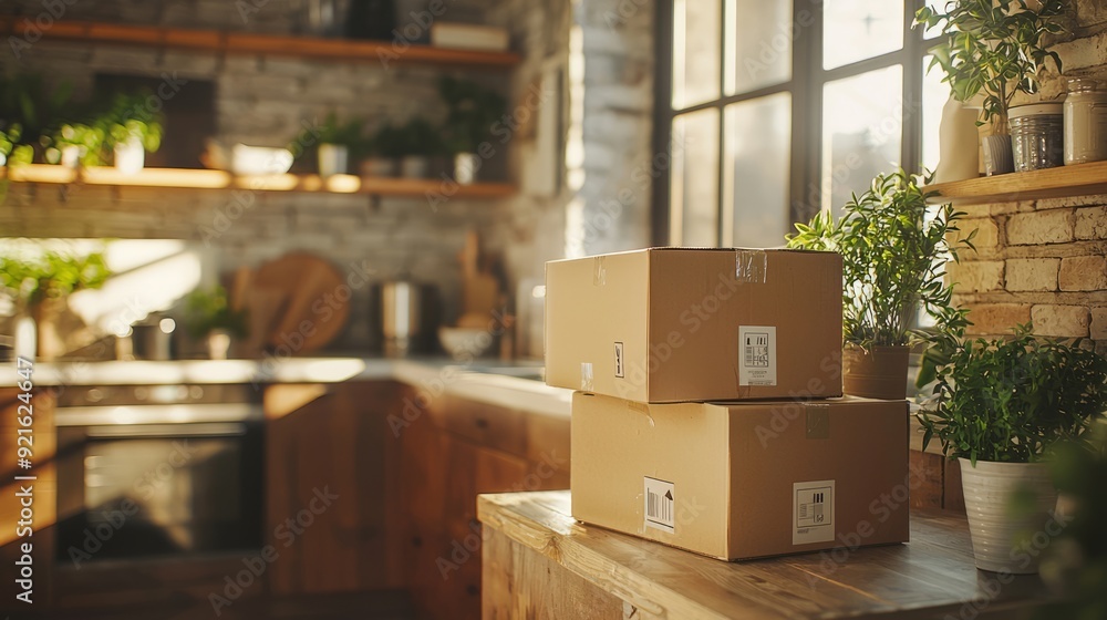 Two cardboard boxes on a kitchen table in a cozy home Two cardboard boxes on a kitchen table in a cozy home