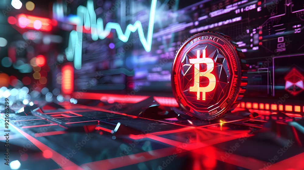 3D Bitcoin Cryptocurrency on a Keyboard with a Neon Red Glow Illustration 3D Bitcoin Cryptocurrency on a Keyboard with a Neon Red Glow Illustration